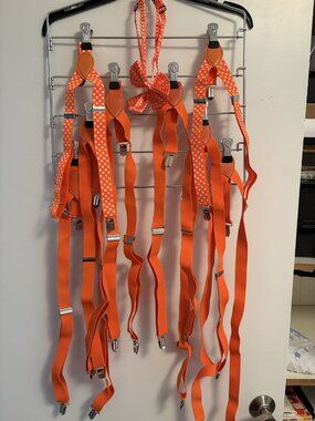 New Wedding Party Lot 8 Orange Suspenders 6 Adult 2 Kids Polka Dot + 2 Bow Ties